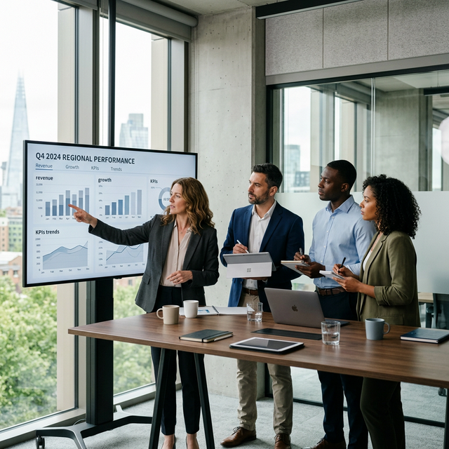 Equipo analizando métricas en pantalla en entorno profesional