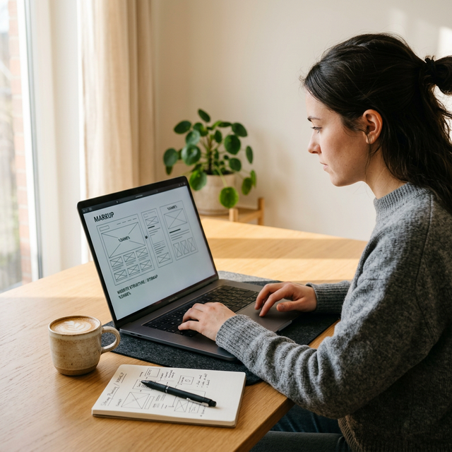 Persona diseñando estructura web en portátil con foco y estrategia