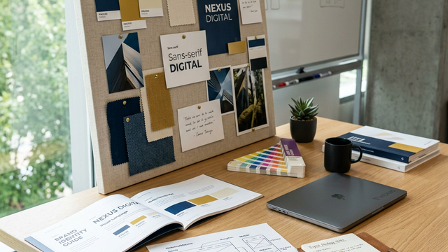 Espacio de trabajo con planificación web, branding, estructura de contenidos y revisión de detalles visuales, ambiente neutro y profesional